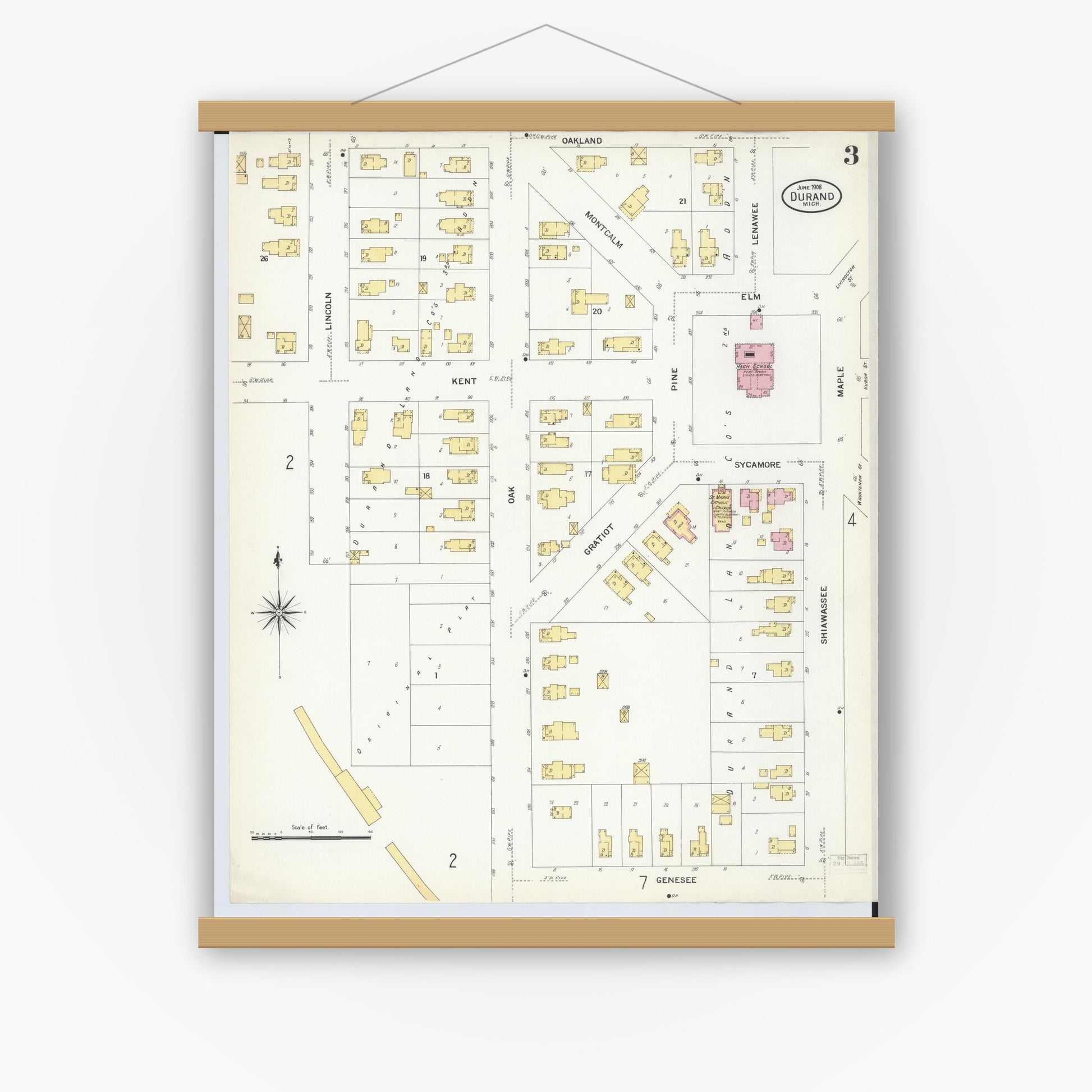 Old map wall art mockup — magnetic wood frame on white wall — Sanborn Fire Insurance Map from Durand, Shiawassee County, Michigan (1908), Sheet #0003