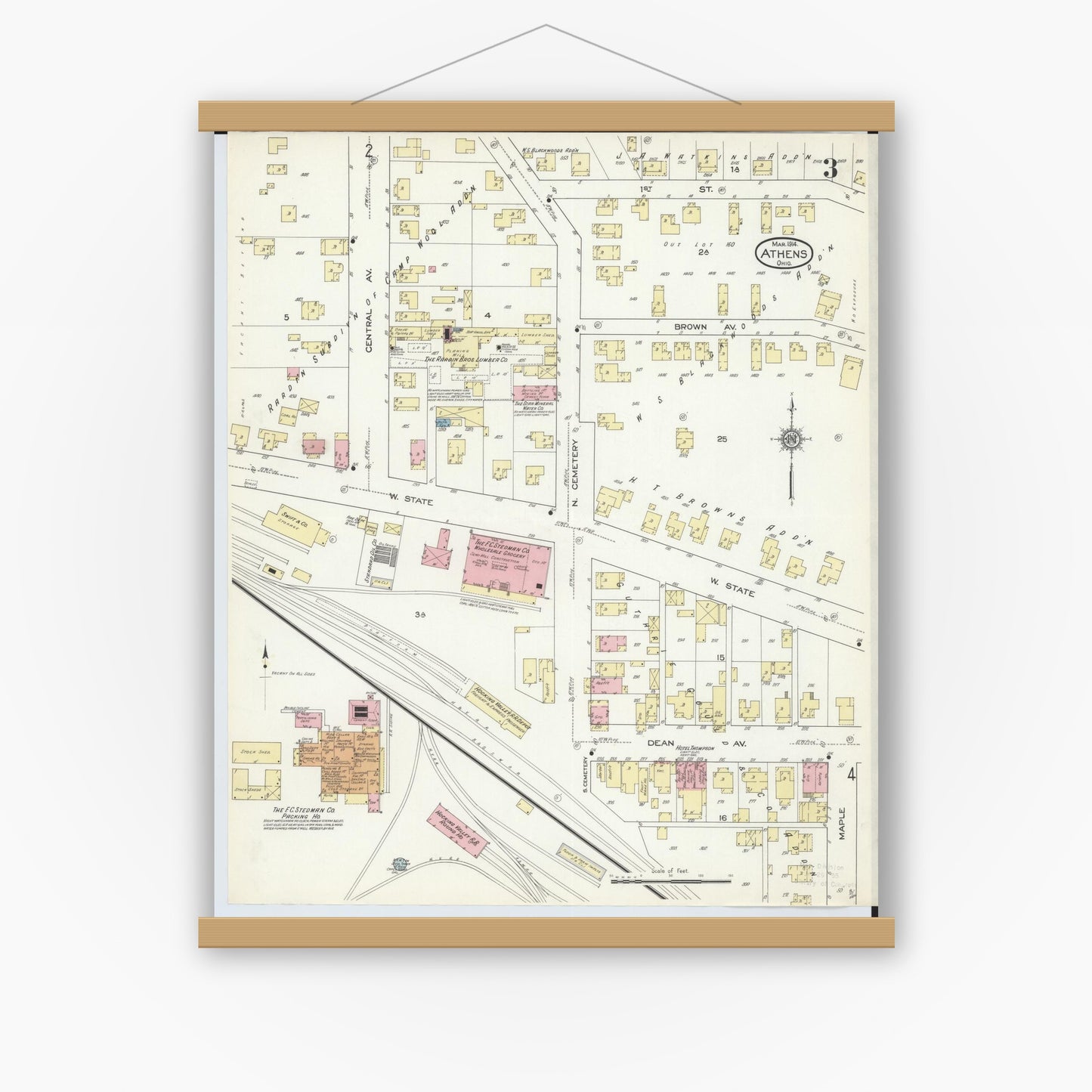 Old map wall art mockup — magnetic wood frame on white wall — Sanborn Fire Insurance Map from Athens, Athens County, Ohio (1914), Sheet #0003
