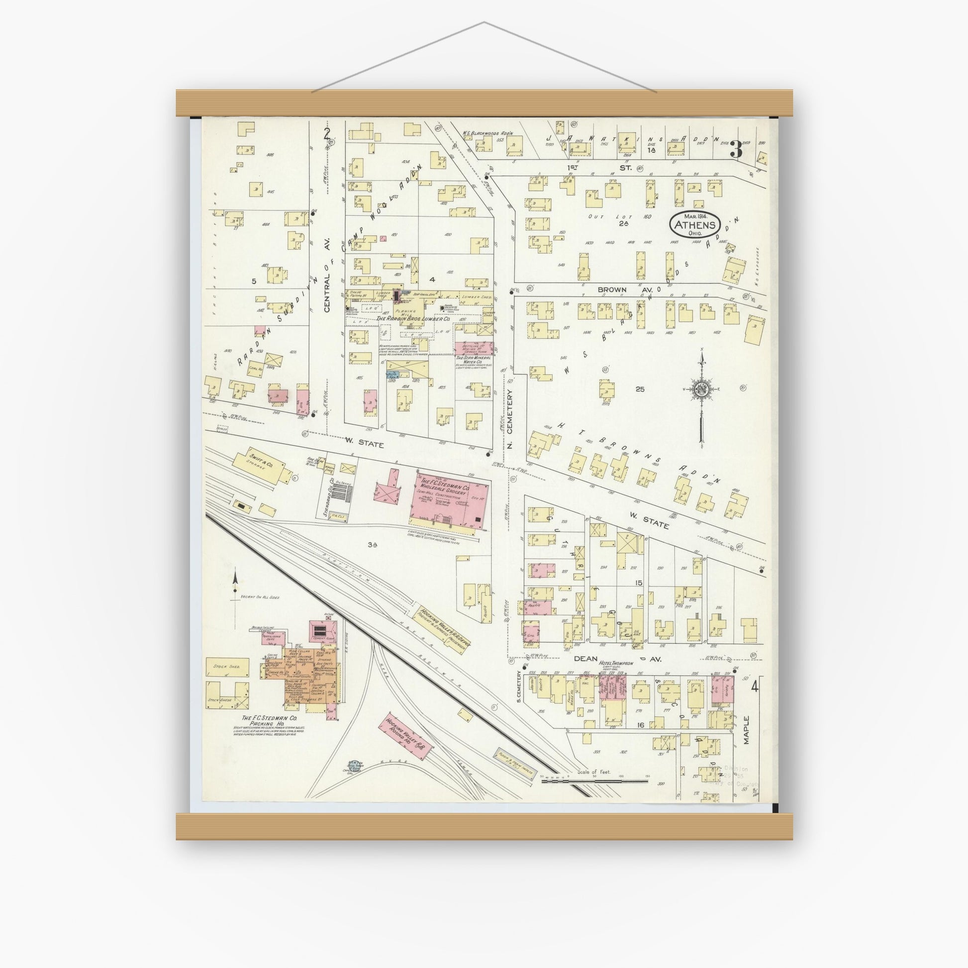 Old map wall art mockup — magnetic wood frame on white wall — Sanborn Fire Insurance Map from Athens, Athens County, Ohio (1914), Sheet #0003