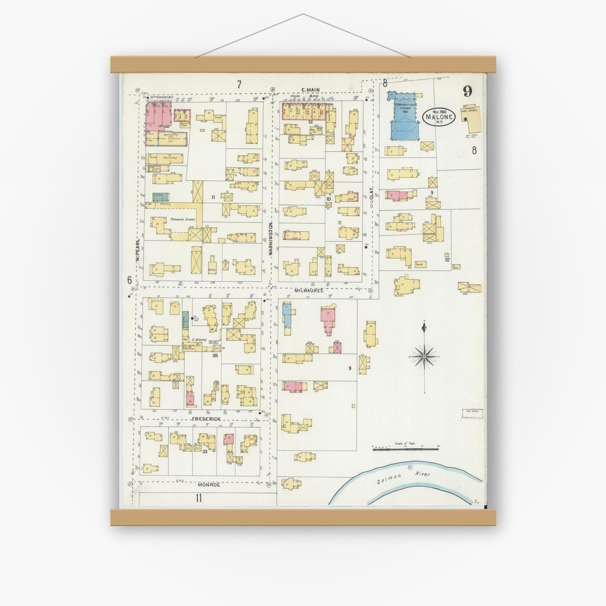 Old map wall art mockup — magnetic wood frame on white wall — Sanborn Fire Insurance Map from Malone, Franklin County, New York (1903), Sheet #0009