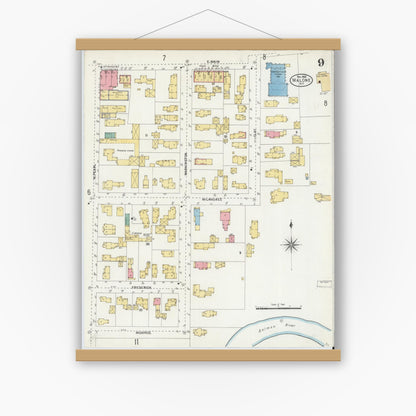 Old map wall art mockup — magnetic wood frame on white wall — Sanborn Fire Insurance Map from Malone, Franklin County, New York (1903), Sheet #0009