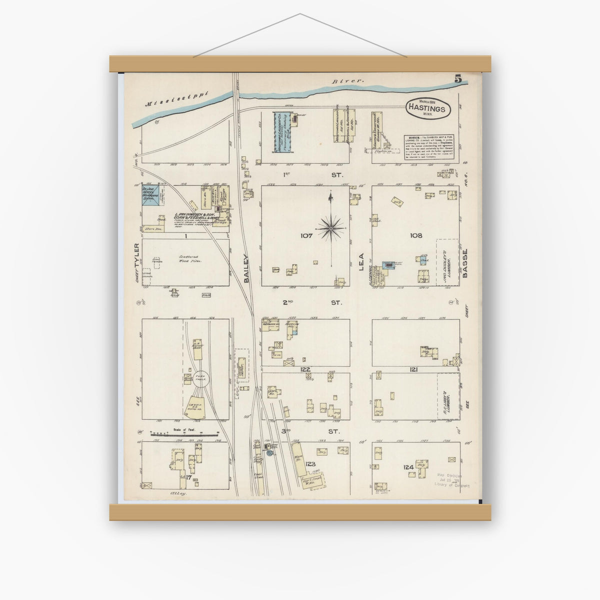 Old map wall art mockup — magnetic wood frame on white wall — Sanborn Fire Insurance Map from Hastings, Dakota County, Minnesota (1884), Sheet #0005