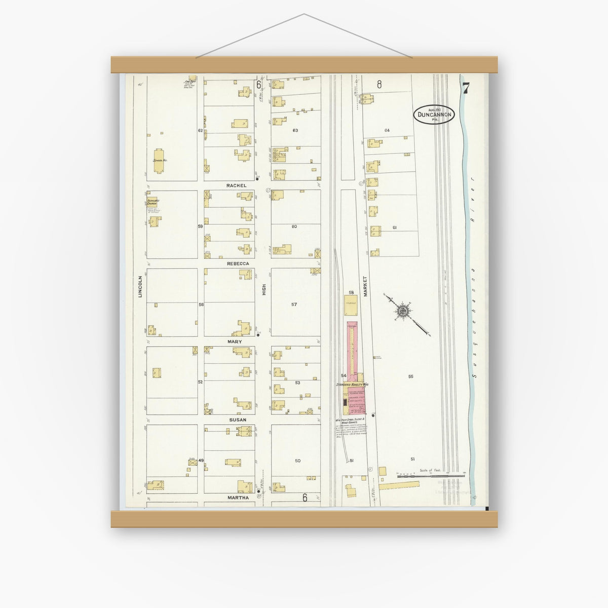 Old map wall art mockup — magnetic wood frame on white wall — Sanborn Fire Insurance Map from Duncannon, Perry County, Pennsylvania (1911), Sheet #0007