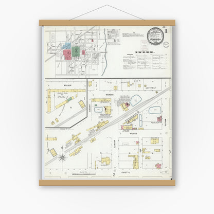 Old map wall art mockup — magnetic wood frame on white wall — Sanborn Fire Insurance Map from Bunker Hill, Macoupin County, Illinois (1899) - Complete Map Set
