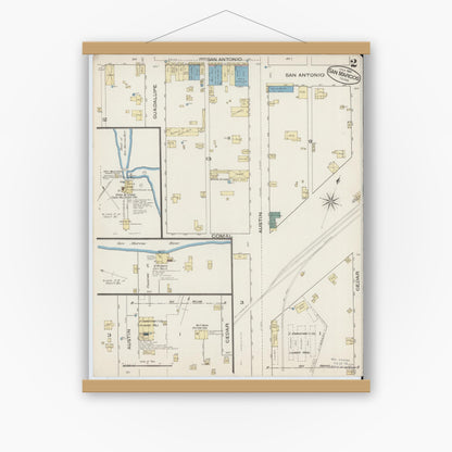 Old map wall art mockup — magnetic wood frame on white wall — Sanborn Fire Insurance Map from San Marcos, Hays County, Texas (1885), Sheet #0002