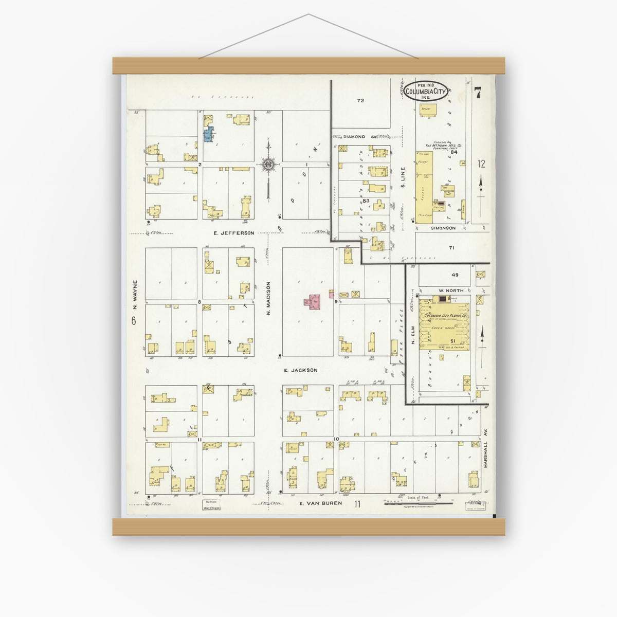 Old map wall art mockup — magnetic wood frame on white wall — Sanborn Fire Insurance Map from Columbia City, Whitley County, Indiana (1918), Sheet #0007
