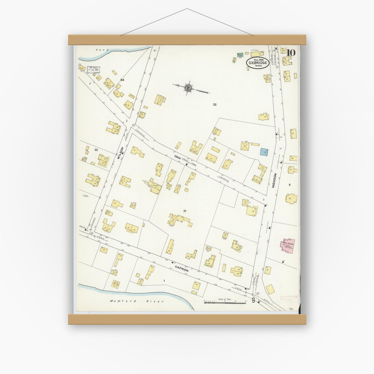 Old map wall art mockup — magnetic wood frame on white wall — Sanborn Fire Insurance Map from Uxbridge, Worcester County, Massachusetts (1909), Sheet #0010