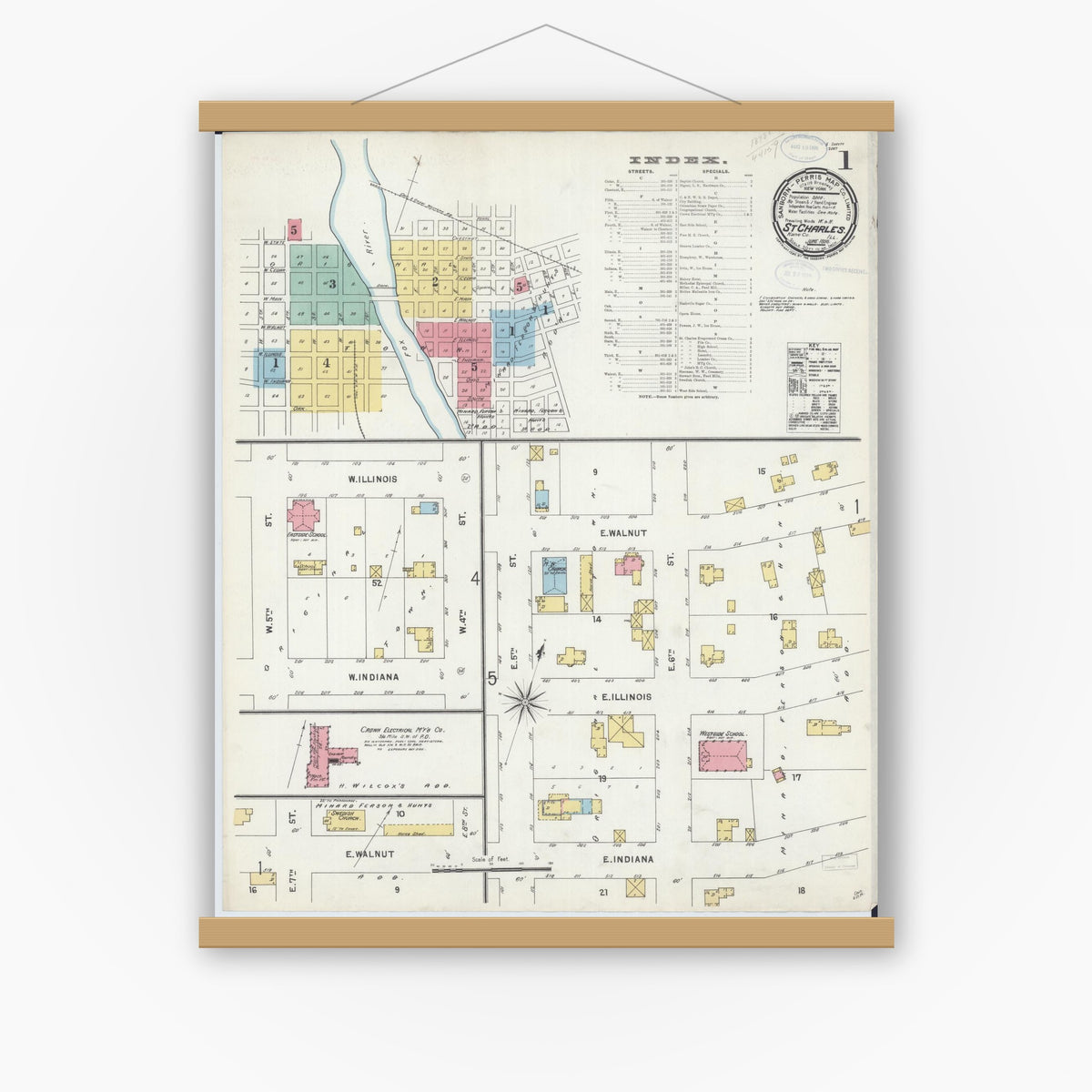 Old map wall art mockup — magnetic wood frame on white wall — Sanborn Fire Insurance Map from Saint Charles, Kane County, Illinois (1898), Sheet #0001