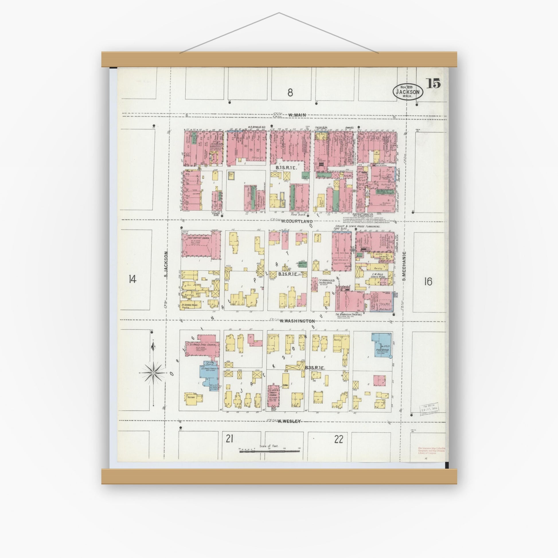 Old map wall art mockup — magnetic wood frame on white wall — Sanborn Fire Insurance Map from Jackson, Jackson County, Michigan (1899), Sheet #0015