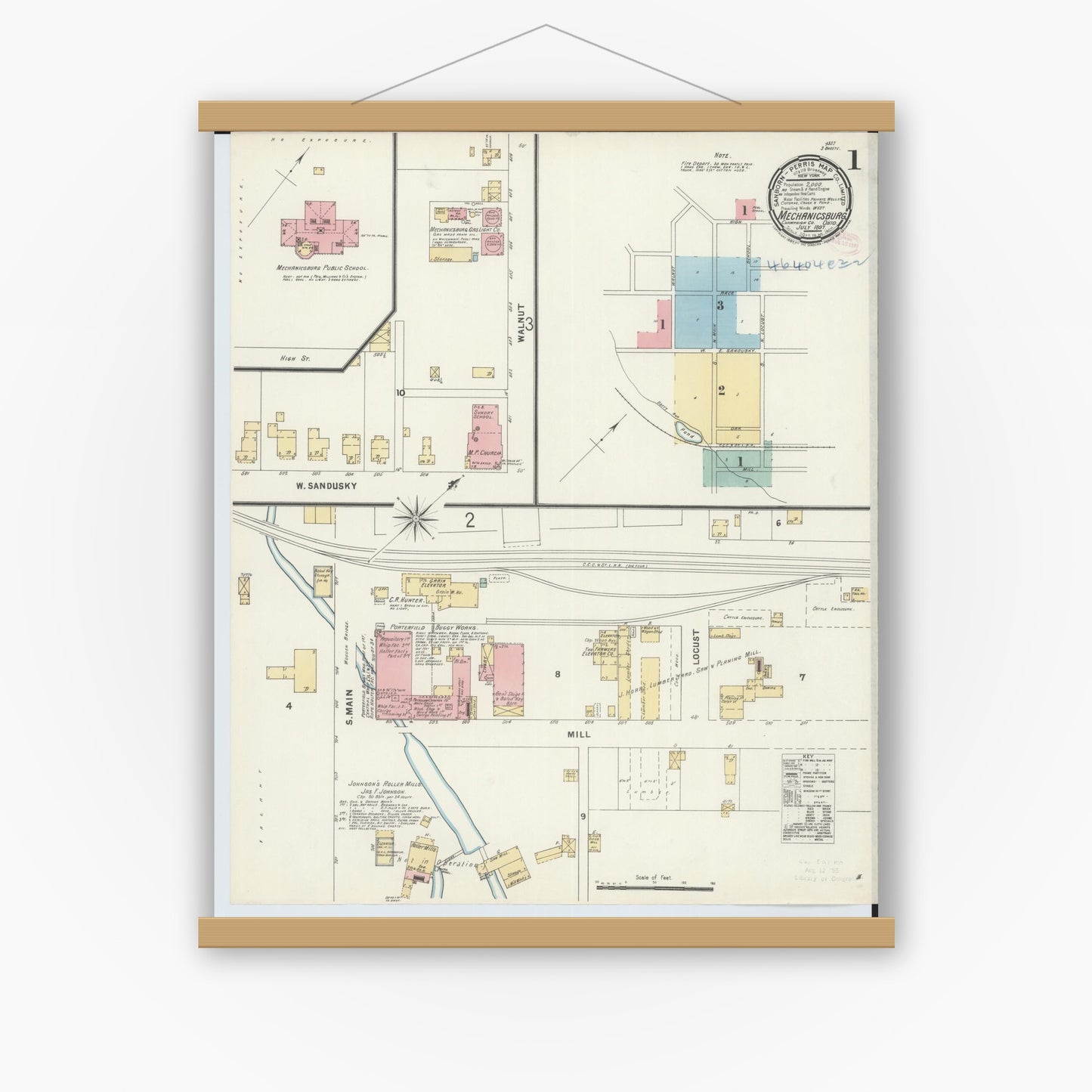 Old map wall art mockup — magnetic wood frame on white wall — Sanborn Fire Insurance Map from Mechanicsburg, Champaign County, Ohio (1897), Sheet #0001