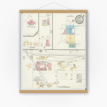 Old map wall art mockup — magnetic wood frame on white wall — Sanborn Fire Insurance Map from Mechanicsburg, Champaign County, Ohio (1897), Sheet #0001