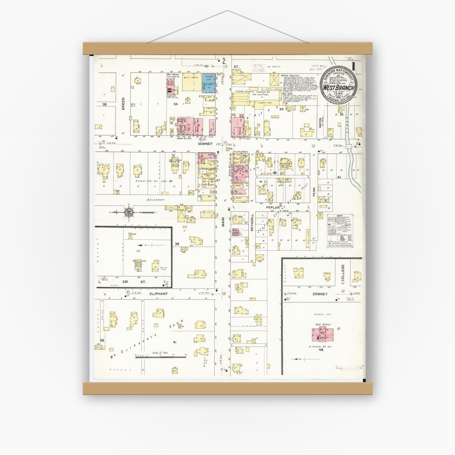 Old map wall art mockup — magnetic wood frame on white wall — Sanborn Fire Insurance Map from West Branch, Cedar County, Iowa (1912) â€” Complete Set