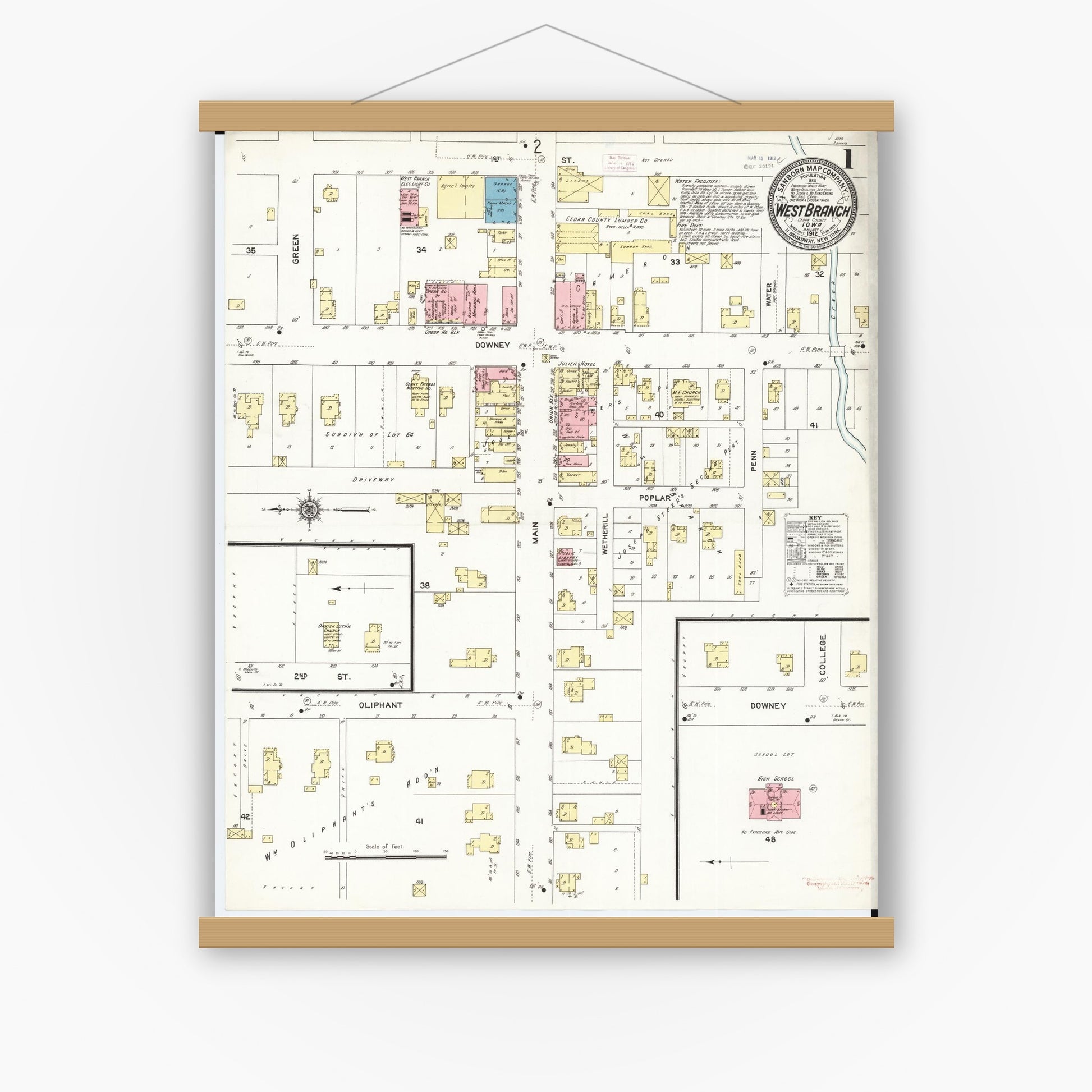 Old map wall art mockup — magnetic wood frame on white wall — Sanborn Fire Insurance Map from West Branch, Cedar County, Iowa (1912) â€” Complete Set