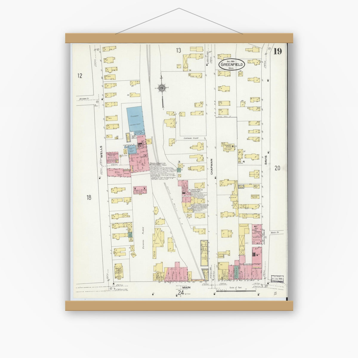 Old map wall art mockup — magnetic wood frame on white wall — Sanborn Fire Insurance Map from Greenfield, Franklin County, Massachusetts (1909), Sheet #0019