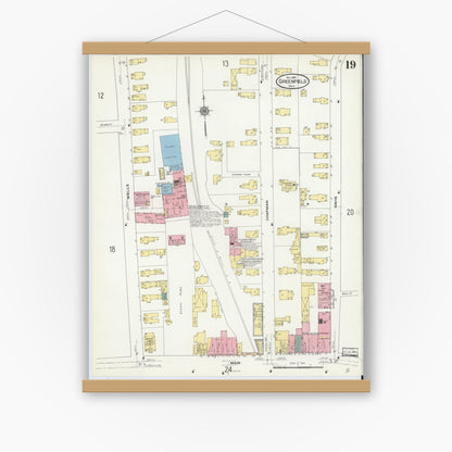 Old map wall art mockup — magnetic wood frame on white wall — Sanborn Fire Insurance Map from Greenfield, Franklin County, Massachusetts (1909), Sheet #0019