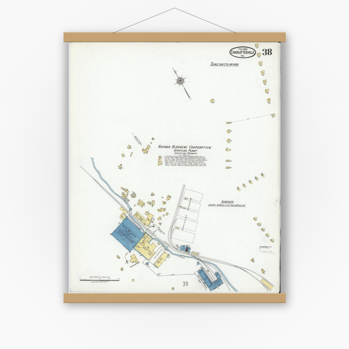 Old map wall art mockup — magnetic wood frame on white wall — Sanborn Fire Insurance Map from Charlottesville, Independent Cities, Virginia (1920), Sheet #0038