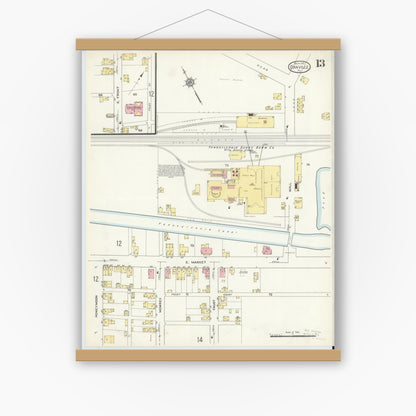 Old map wall art mockup — magnetic wood frame on white wall — Sanborn Fire Insurance Map from Danville, Montour County, Pennsylvania (1913), Sheet #0013