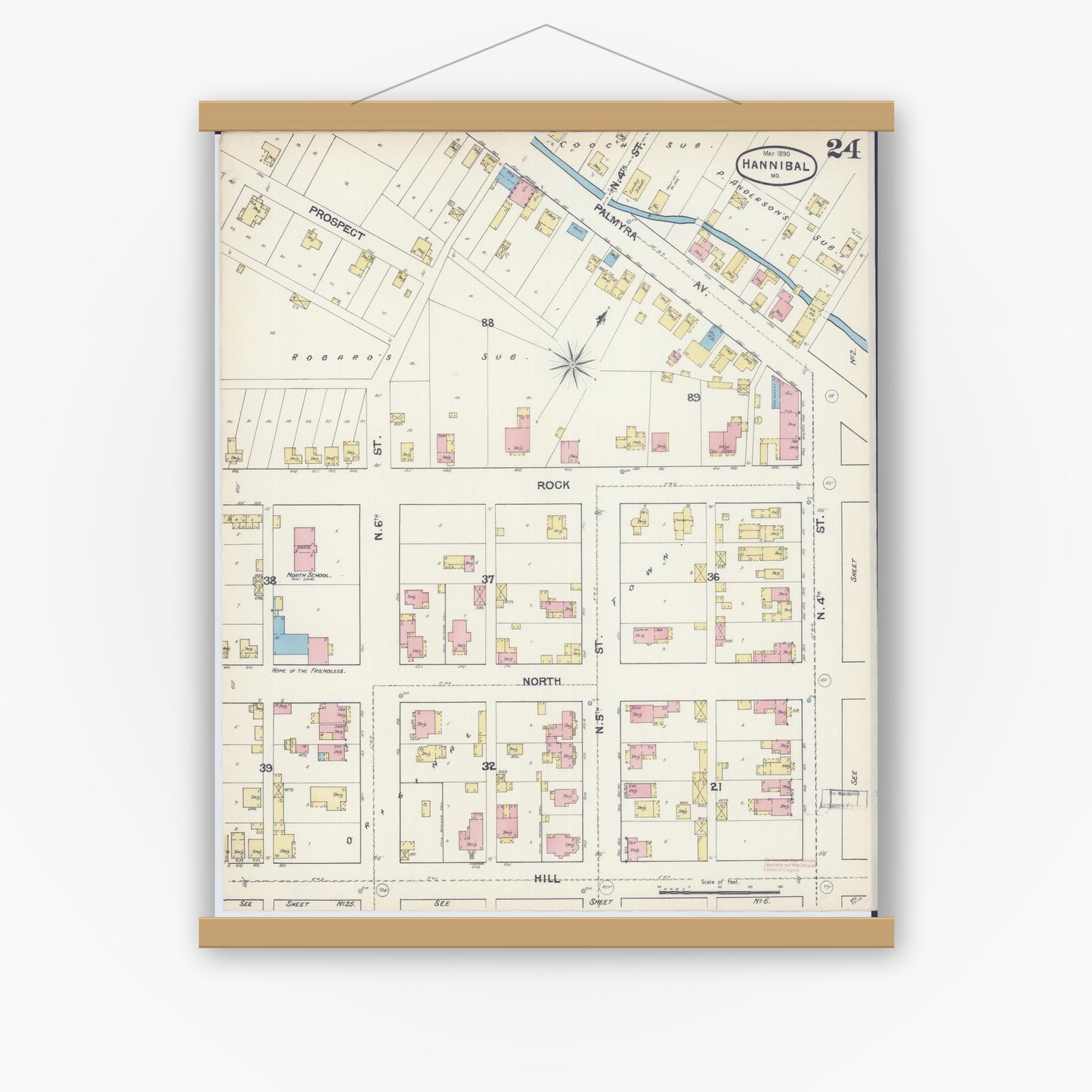 Old map wall art mockup — magnetic wood frame on white wall — Sanborn Fire Insurance Map from Hannibal, Marion County, Missouri (1890), Sheet #0024