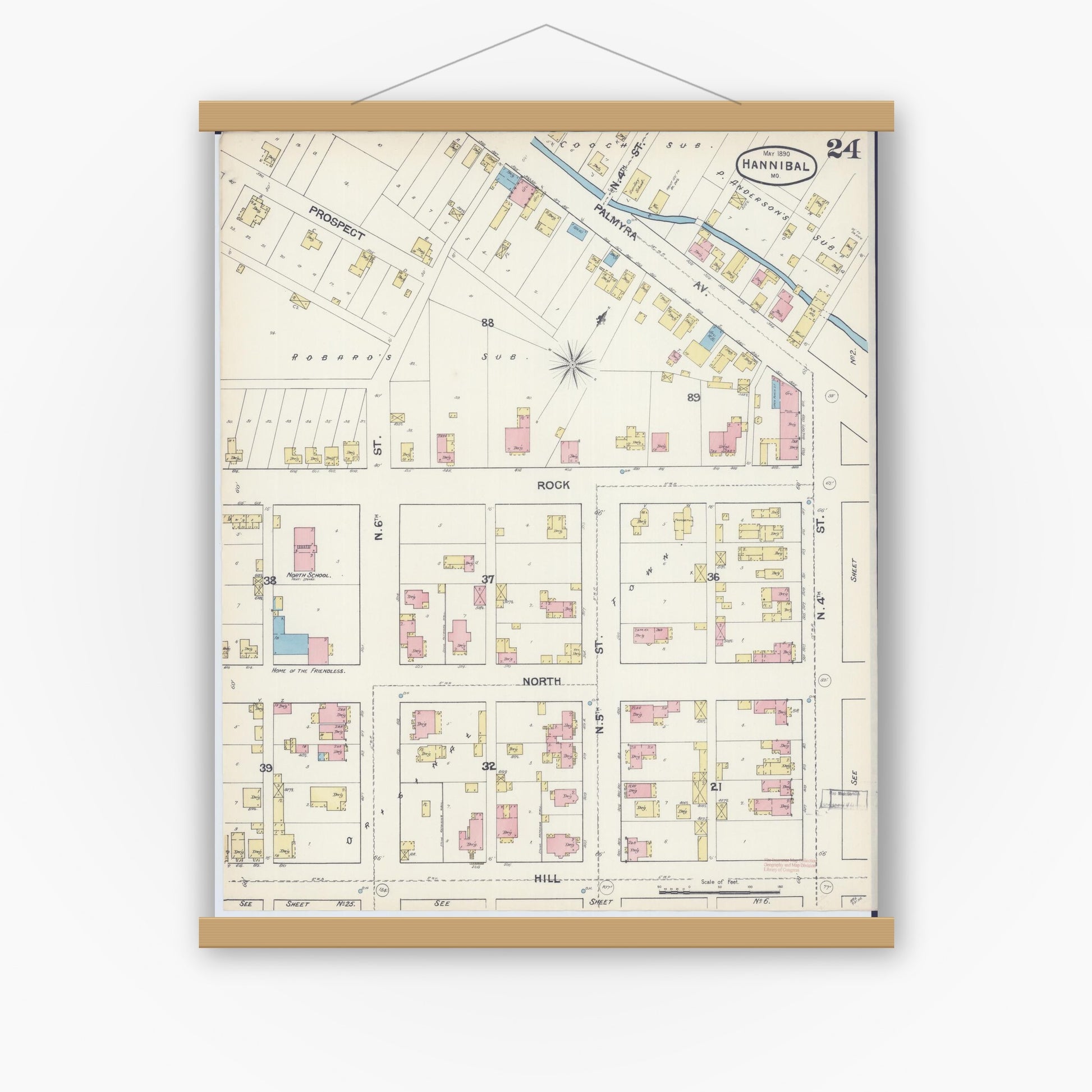 Old map wall art mockup — magnetic wood frame on white wall — Sanborn Fire Insurance Map from Hannibal, Marion County, Missouri (1890), Sheet #0024