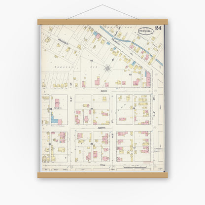 Old map wall art mockup — magnetic wood frame on white wall — Sanborn Fire Insurance Map from Hannibal, Marion County, Missouri (1890), Sheet #0024