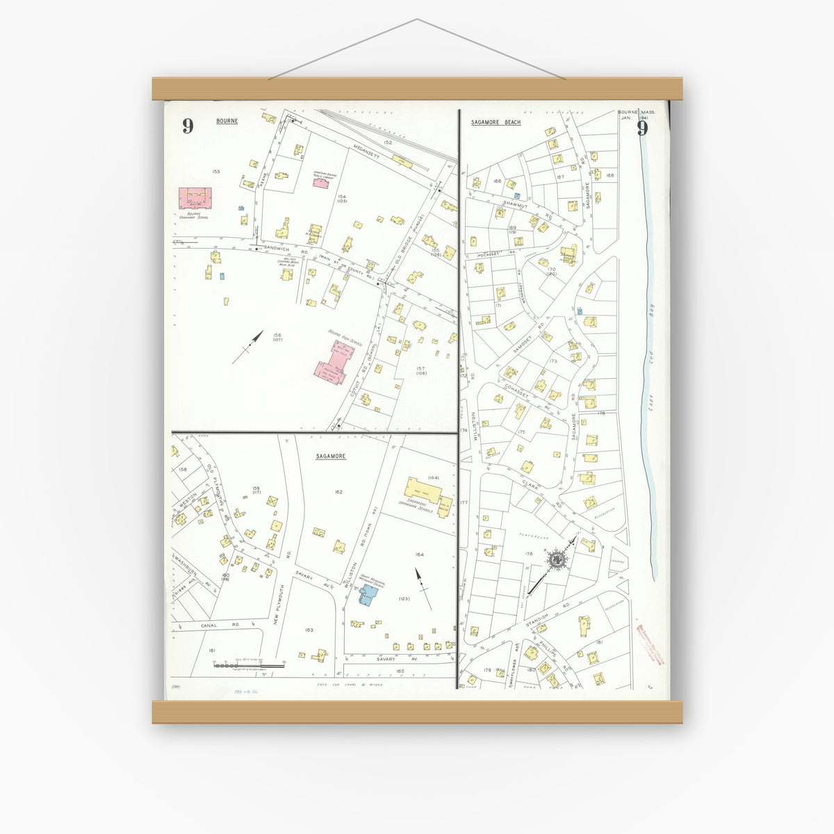 Old map wall art mockup — magnetic wood frame on white wall — Sanborn Fire Insurance Map from Bourne, Barnstable County, Massachusetts (1941), Sheet #0009