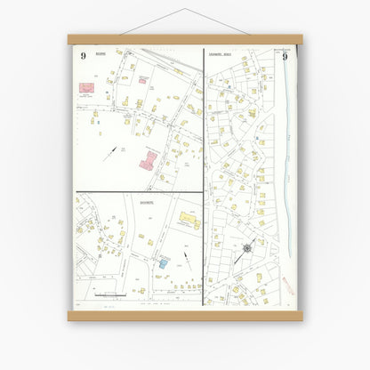 Old map wall art mockup — magnetic wood frame on white wall — Sanborn Fire Insurance Map from Bourne, Barnstable County, Massachusetts (1941), Sheet #0009