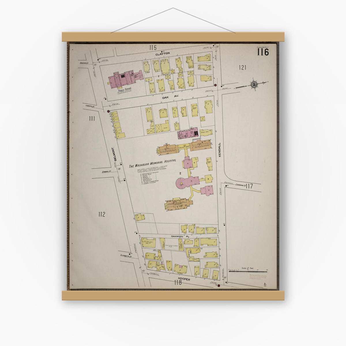 Old map wall art mockup — magnetic wood frame on white wall — Sanborn Fire Insurance Map from Worcester, Worcester County, Massachusetts (1910), Sheet #0116