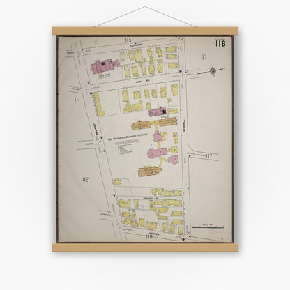 Old map wall art mockup — magnetic wood frame on white wall — Sanborn Fire Insurance Map from Worcester, Worcester County, Massachusetts (1910), Sheet #0116