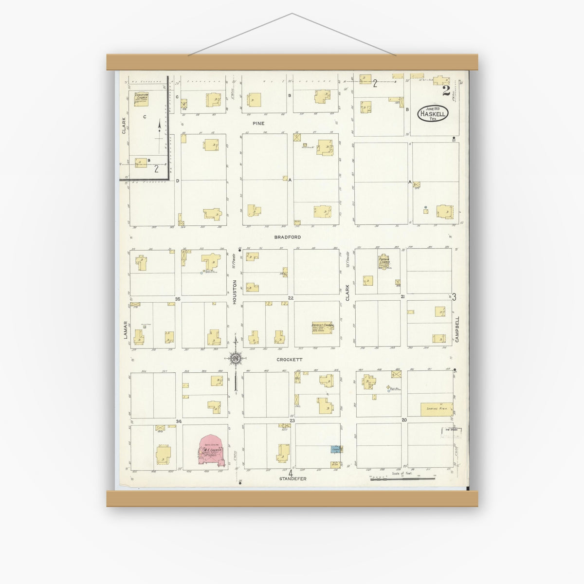 Old map wall art mockup — magnetic wood frame on white wall — Sanborn Fire Insurance Map from Haskell, Haskell County, Texas (1913), Sheet #0002