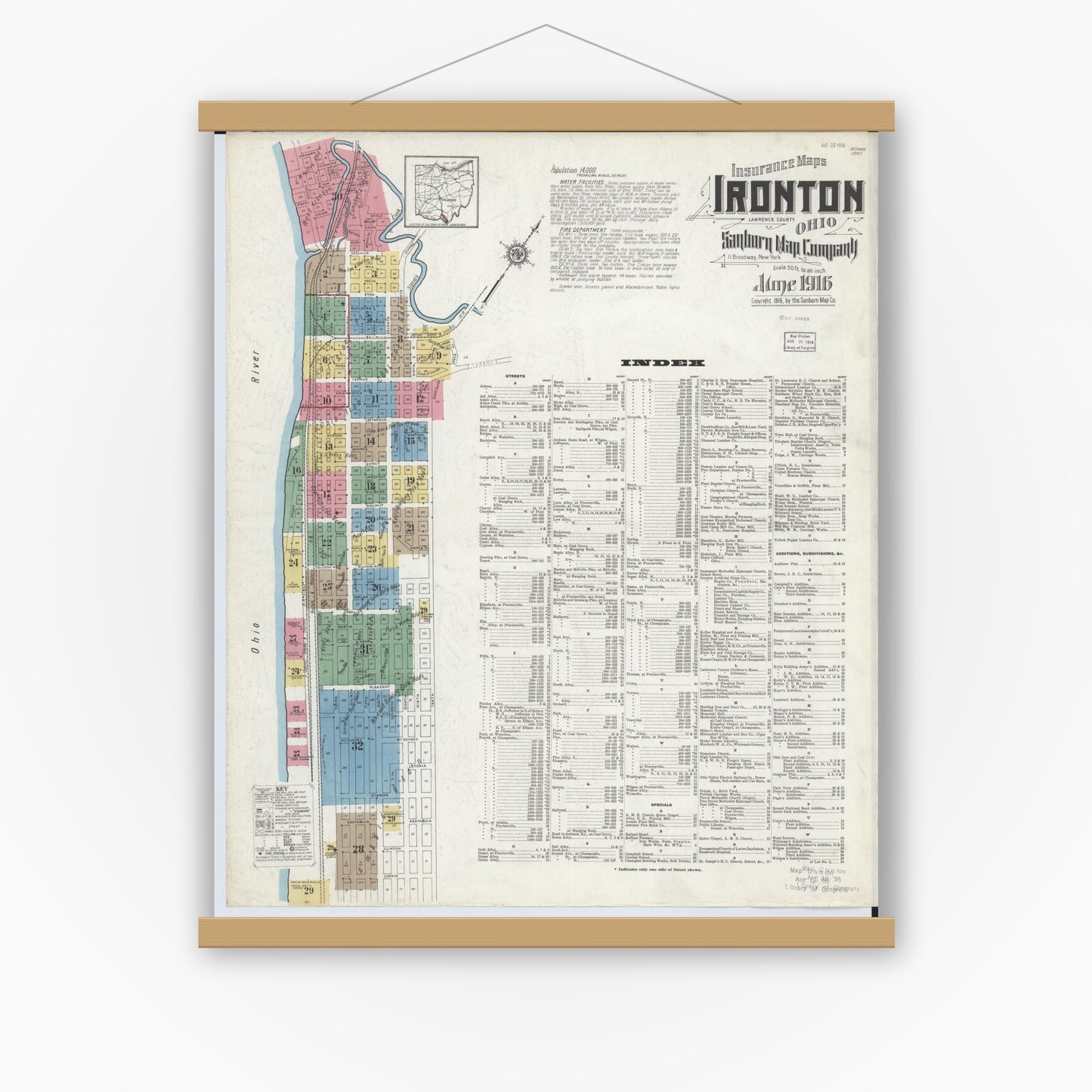 Old map wall art mockup — magnetic wood frame on white wall — Sanborn Fire Insurance Map from Ironton, Lawrence County, Ohio (1916) - Complete Map Set