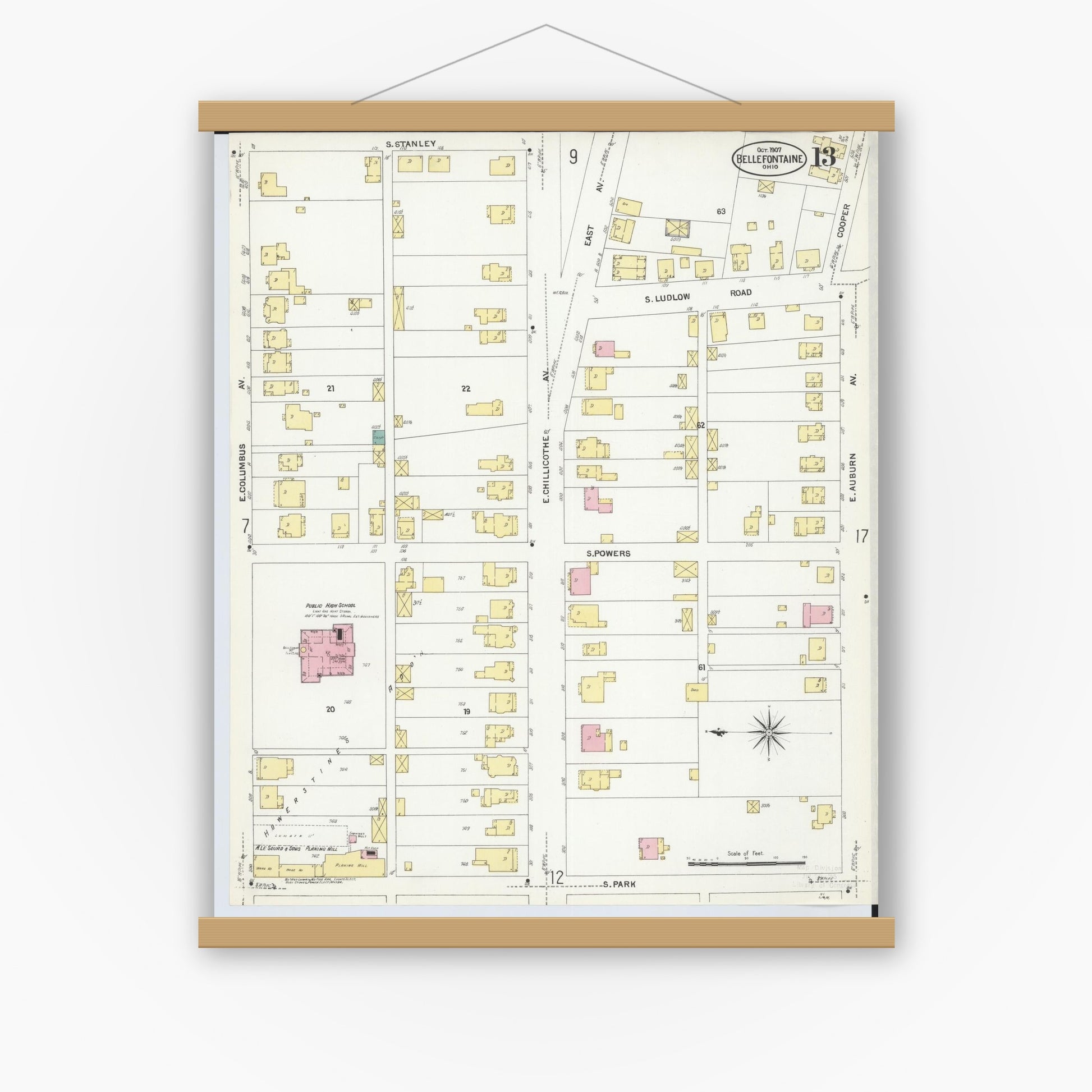 Old map wall art mockup — magnetic wood frame on white wall — Sanborn Fire Insurance Map from Bellefontaine, Logan County, Ohio (1907), Sheet #0013