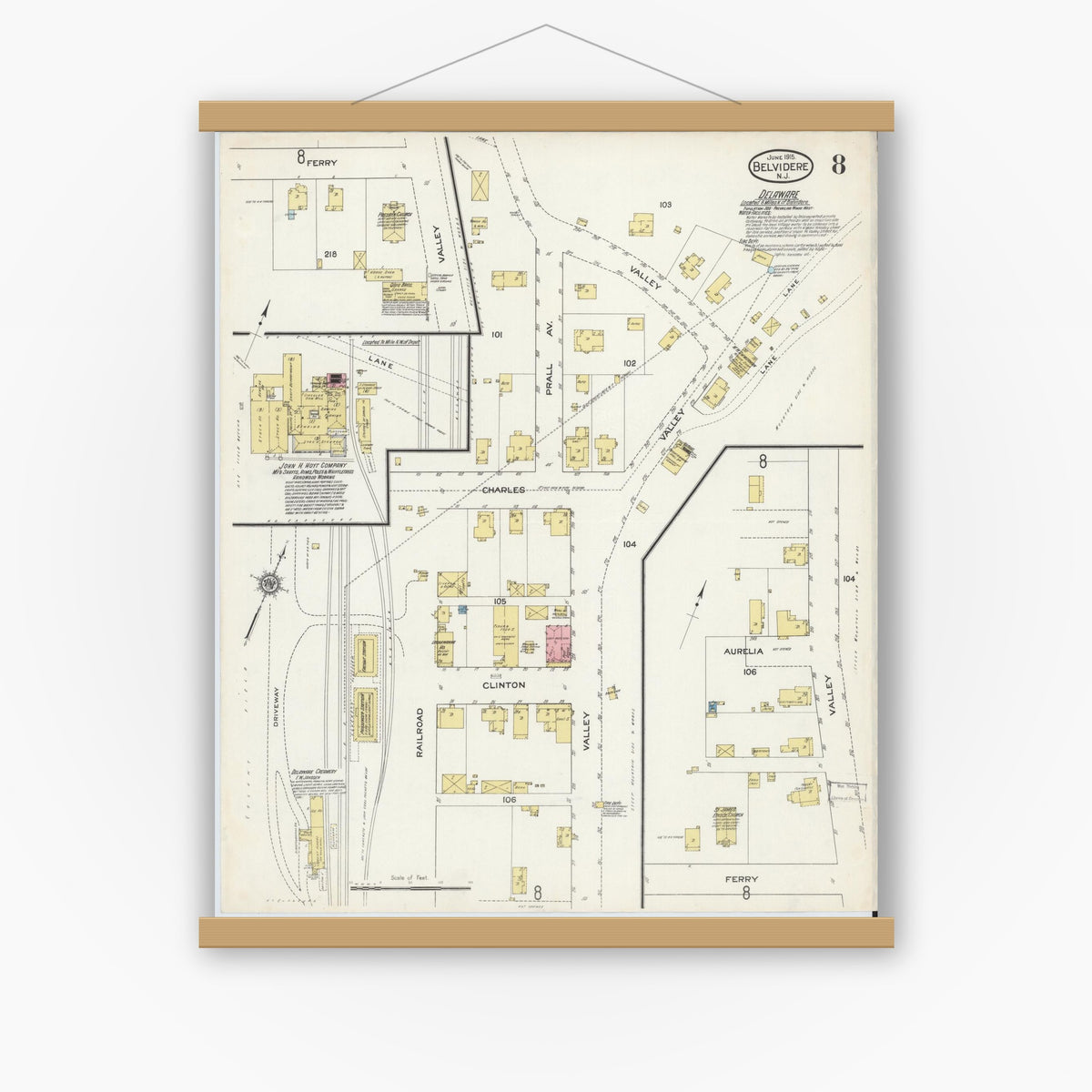 Old map wall art mockup — magnetic wood frame on white wall — Sanborn Fire Insurance Map from Belvidere, Warren County, New Jersey (1915), Sheet #0008