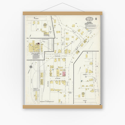 Old map wall art mockup — magnetic wood frame on white wall — Sanborn Fire Insurance Map from Belvidere, Warren County, New Jersey (1915), Sheet #0008