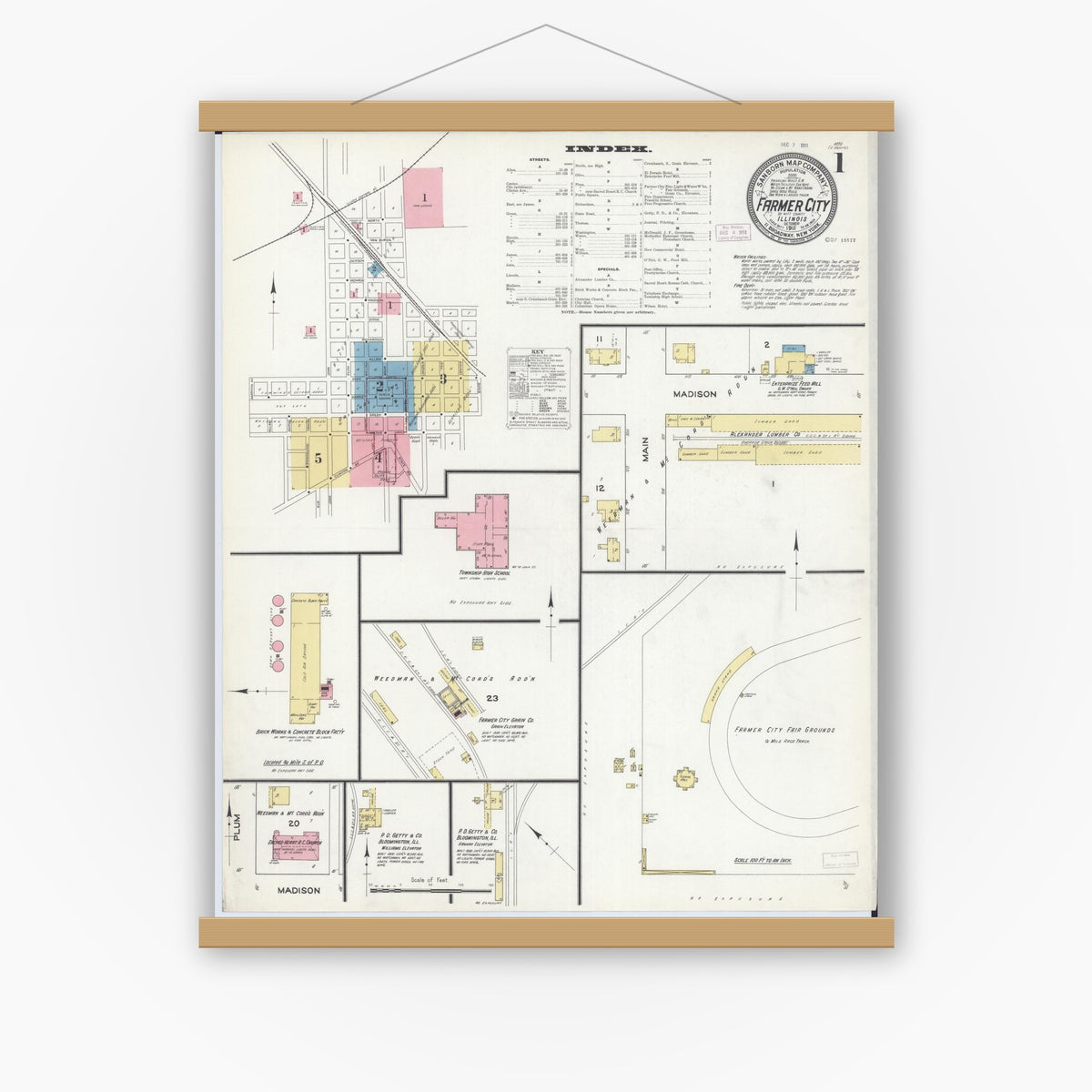 Old map wall art mockup — magnetic wood frame on white wall — Sanborn Fire Insurance Map from Farmer City, De Witt County, Illinois (1911) - Complete Map Set