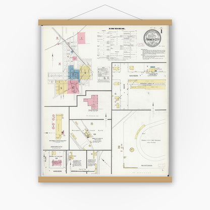 Old map wall art mockup — magnetic wood frame on white wall — Sanborn Fire Insurance Map from Farmer City, De Witt County, Illinois (1911) - Complete Map Set