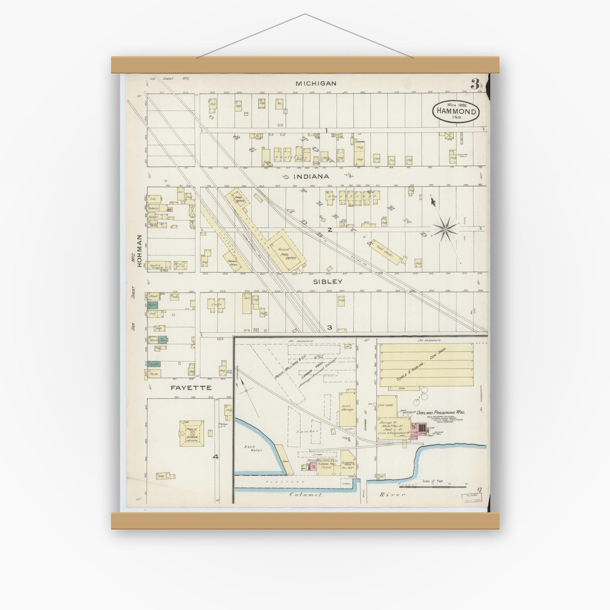 Old map wall art mockup — magnetic wood frame on white wall — Sanborn Fire Insurance Map from Hammond, Lake County, Indiana (1886), Sheet #0003