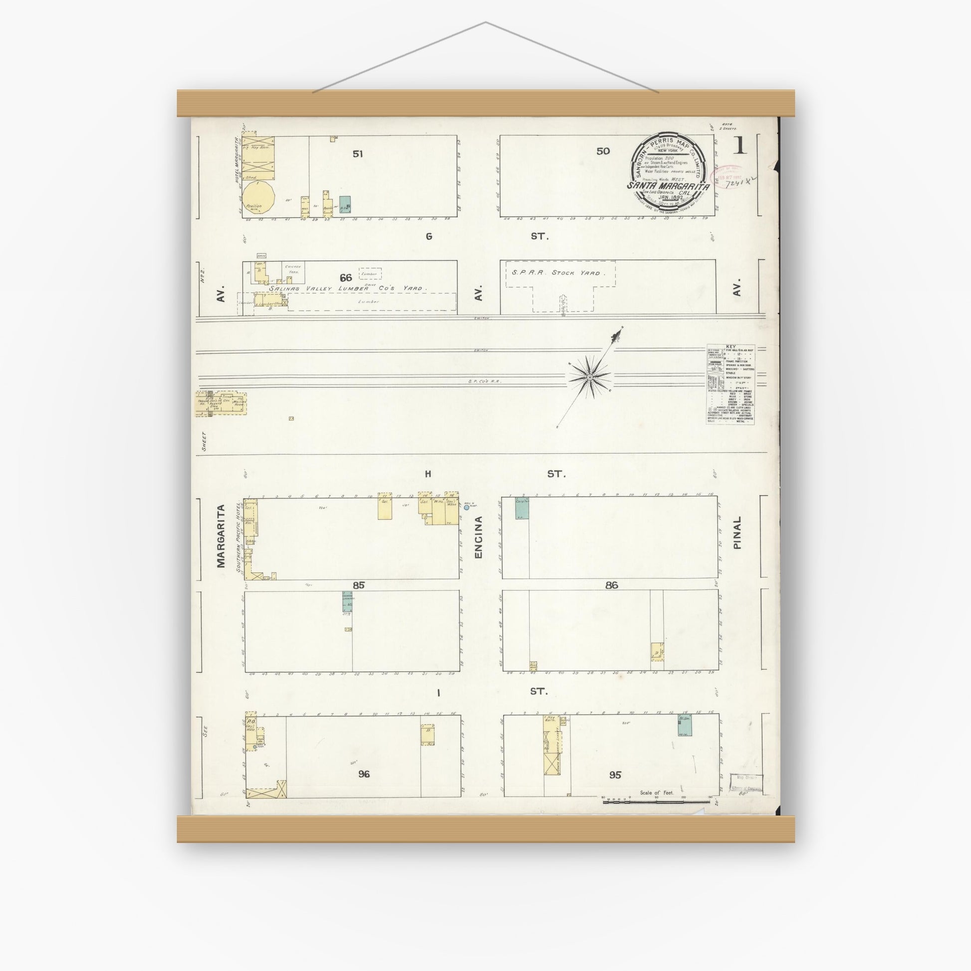 Old map wall art mockup — magnetic wood frame on white wall — Sanborn Fire Insurance Map from Santa Margarita, San Luis Obispo County, California (1892) - Complete Map Set