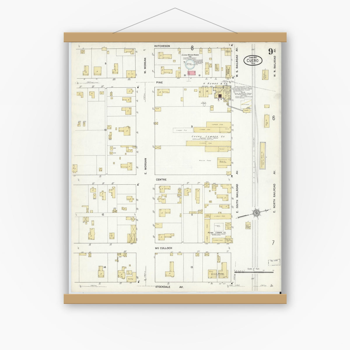 Old map wall art mockup — magnetic wood frame on white wall — Sanborn Fire Insurance Map from Cuero, De Witt County, Texas (1912), Sheet #0009