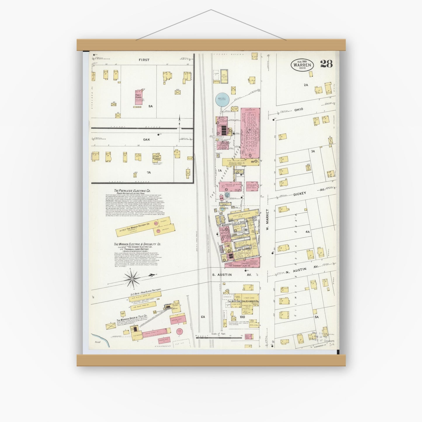 Old map wall art mockup — magnetic wood frame on white wall — Sanborn Fire Insurance Map from Warren, Trumbull County, Ohio (1908), Sheet #0028
