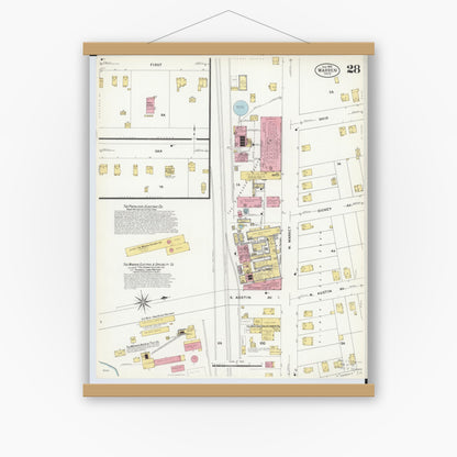 Old map wall art mockup — magnetic wood frame on white wall — Sanborn Fire Insurance Map from Warren, Trumbull County, Ohio (1908), Sheet #0028
