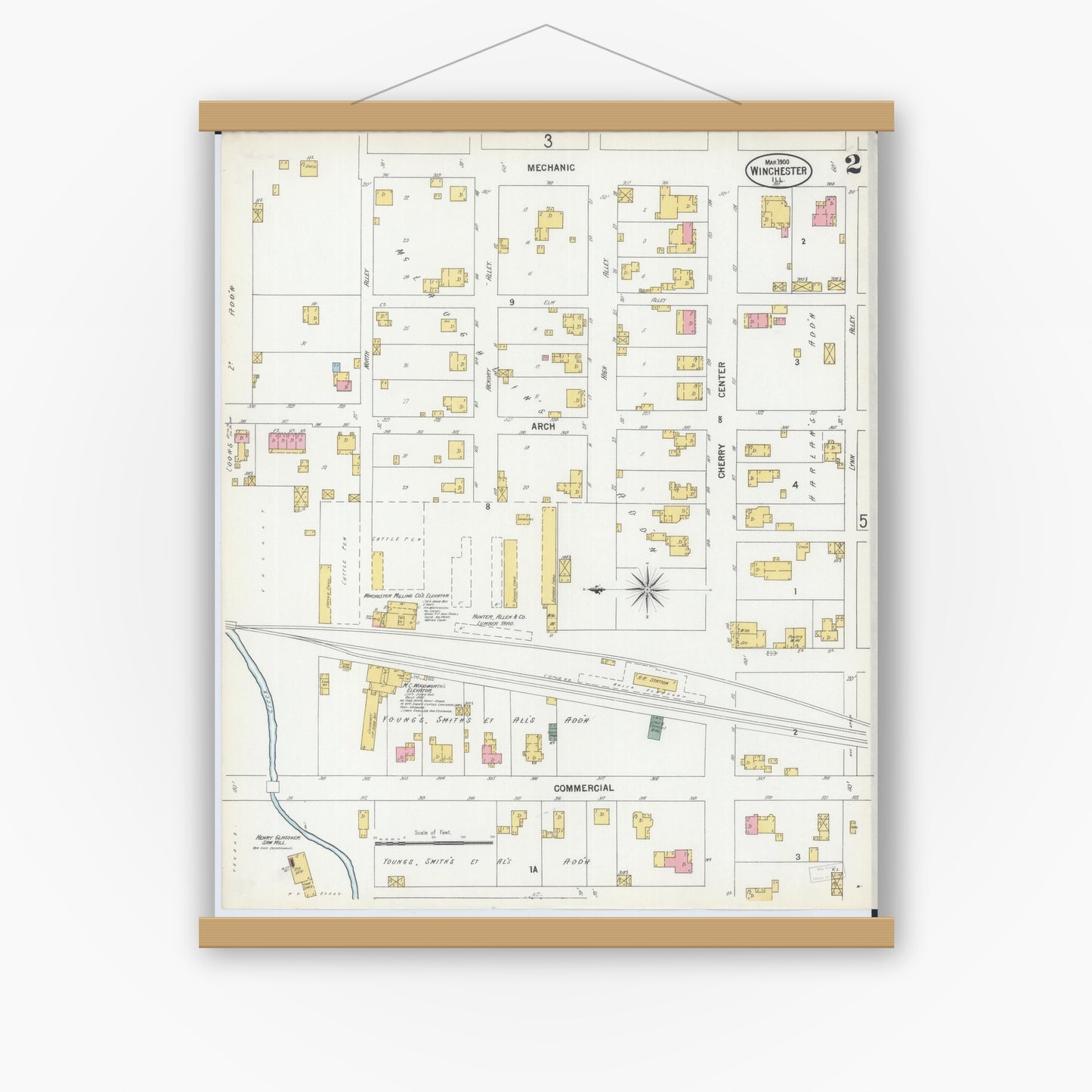 Old map wall art mockup — magnetic wood frame on white wall — Sanborn Fire Insurance Map from Winchester, Scott County, Illinois (1900), Sheet #0002