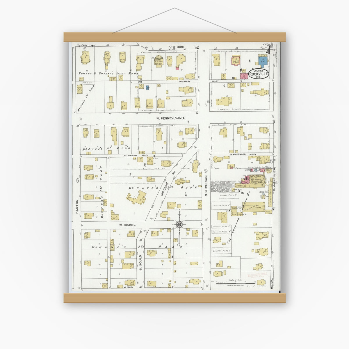 Old map wall art mockup — magnetic wood frame on white wall — Sanborn Fire Insurance Map from Rockville, Parke County, Indiana (1921), Sheet #0004