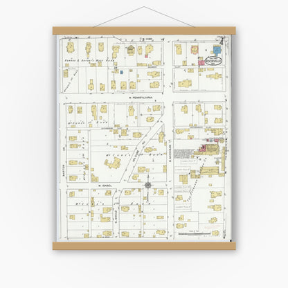 Old map wall art mockup — magnetic wood frame on white wall — Sanborn Fire Insurance Map from Rockville, Parke County, Indiana (1921), Sheet #0004