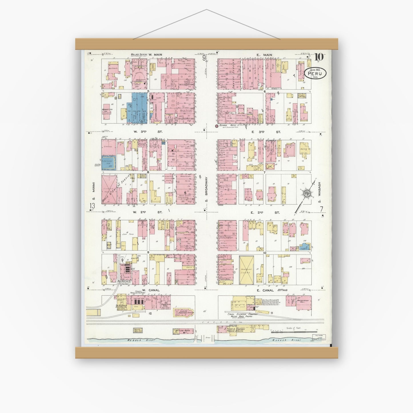 Old map wall art mockup — magnetic wood frame on white wall — Sanborn Fire Insurance Map from Peru, Miami County, Indiana (1912), Sheet #0010