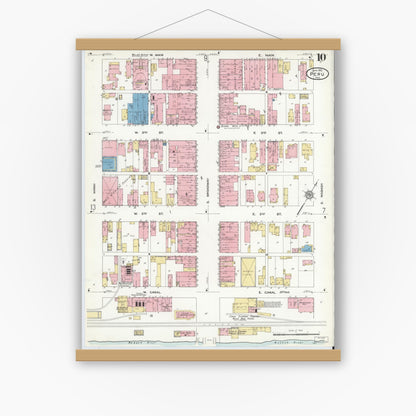 Old map wall art mockup — magnetic wood frame on white wall — Sanborn Fire Insurance Map from Peru, Miami County, Indiana (1912), Sheet #0010