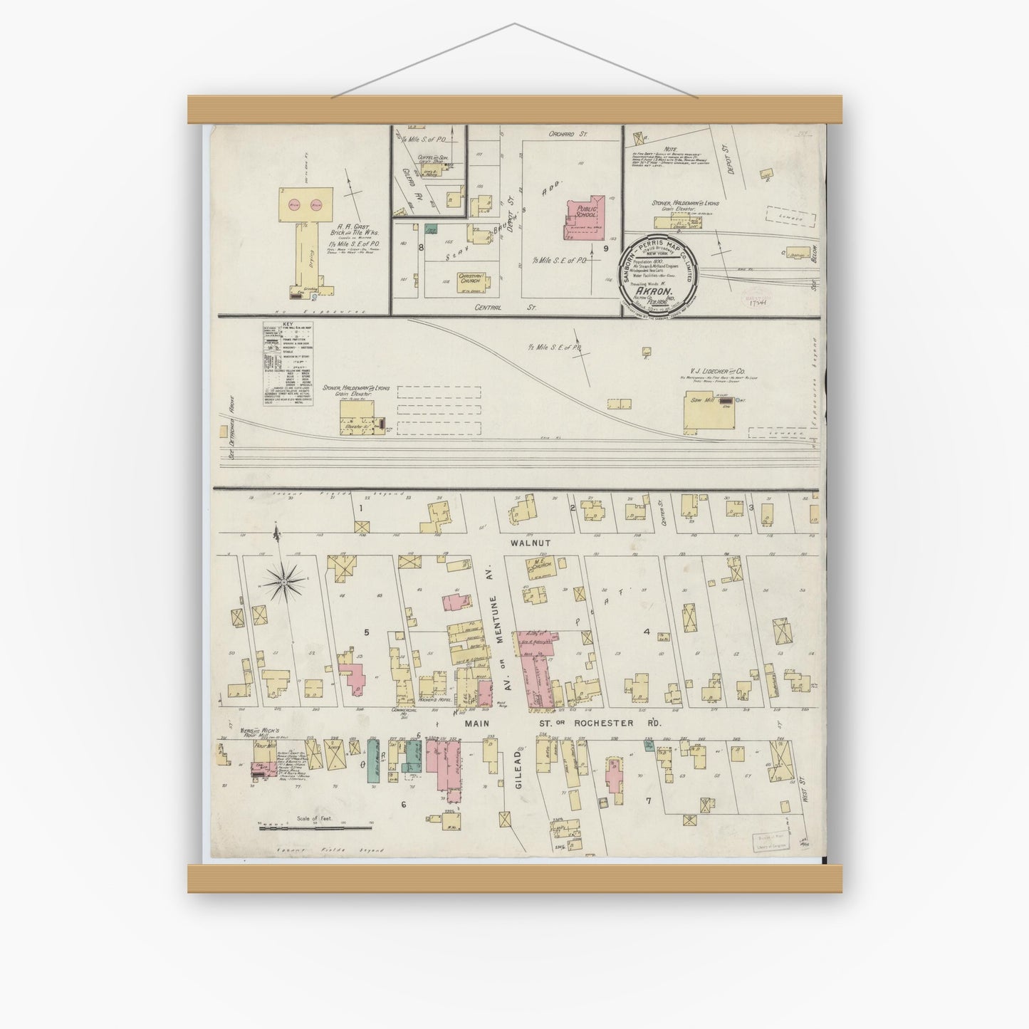 Old map wall art mockup — magnetic wood frame on white wall — Sanborn Fire Insurance Map from Akron, Fulton County, Indiana (1896), Sheet #0001