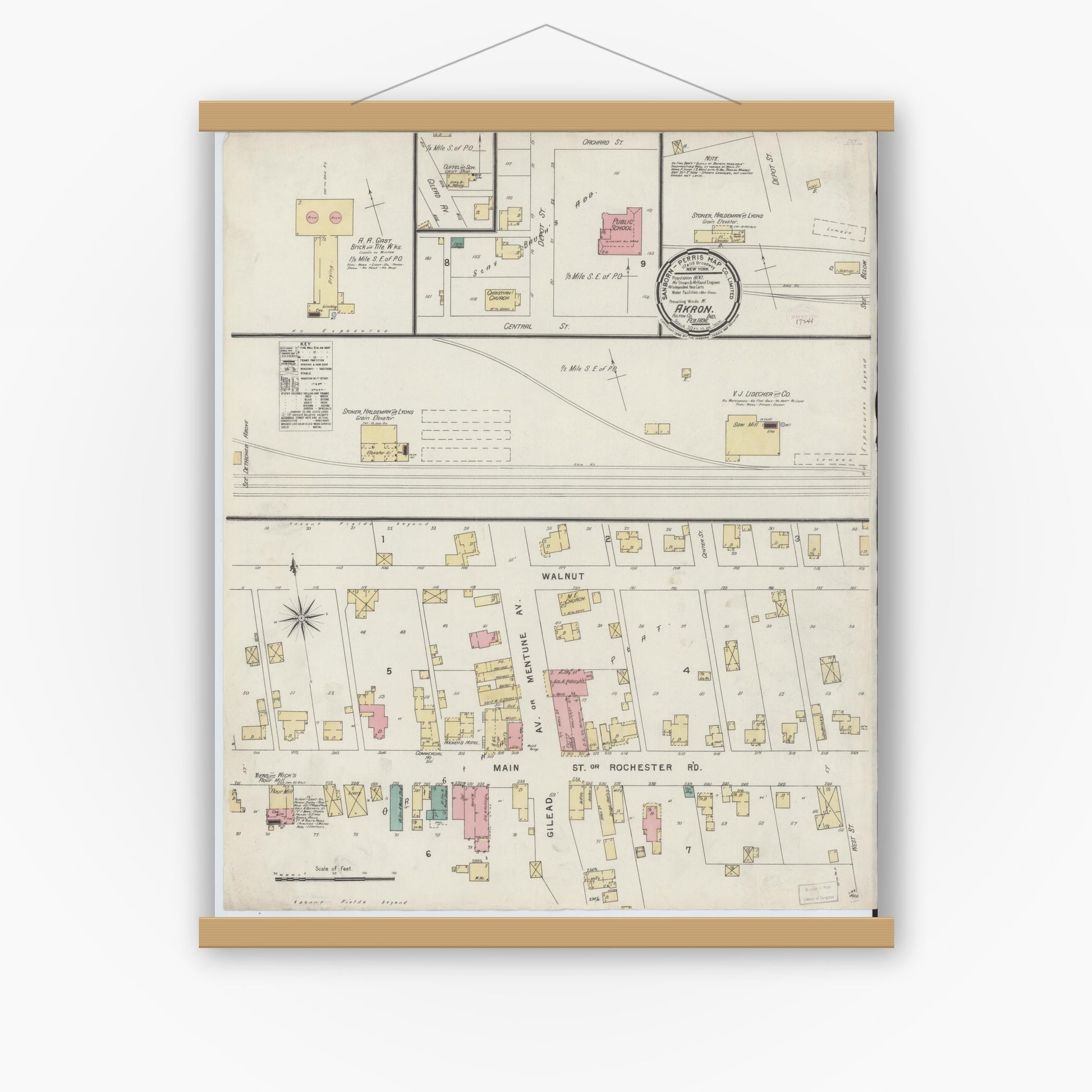 Old map wall art mockup — magnetic wood frame on white wall — Sanborn Fire Insurance Map from Akron, Fulton County, Indiana (1896), Sheet #0001