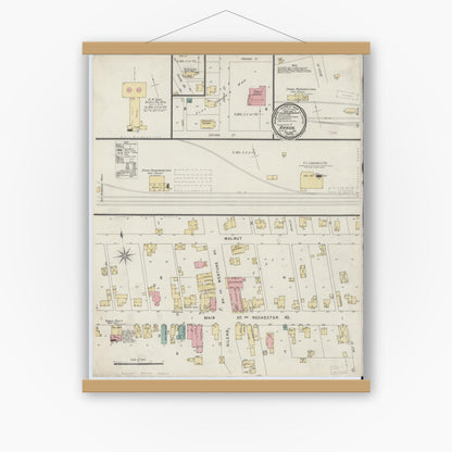 Old map wall art mockup — magnetic wood frame on white wall — Sanborn Fire Insurance Map from Akron, Fulton County, Indiana (1896), Sheet #0001