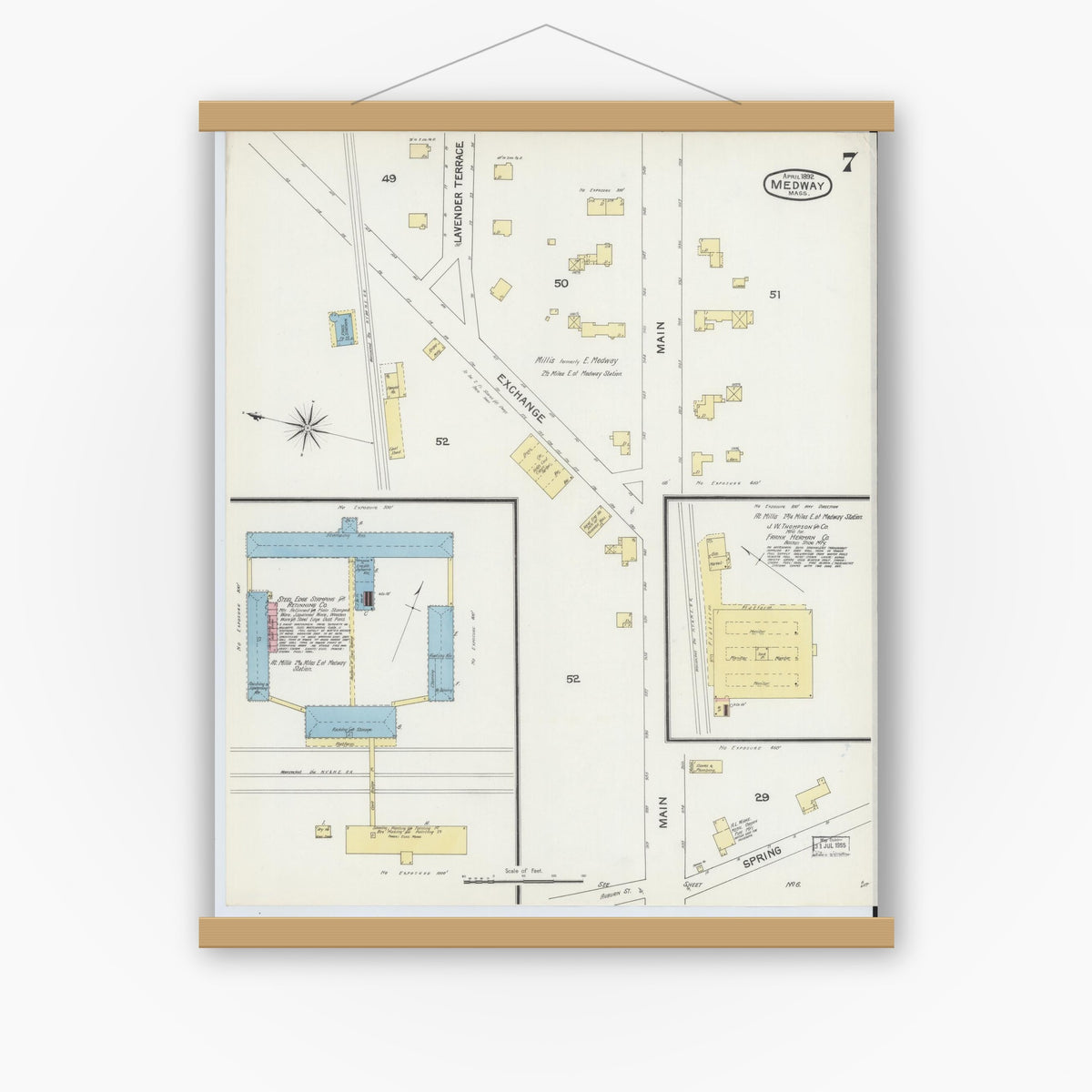 Old map wall art mockup — magnetic wood frame on white wall — Sanborn Fire Insurance Map from Medway, Norfolk County, Massachusetts (1892), Sheet #0007