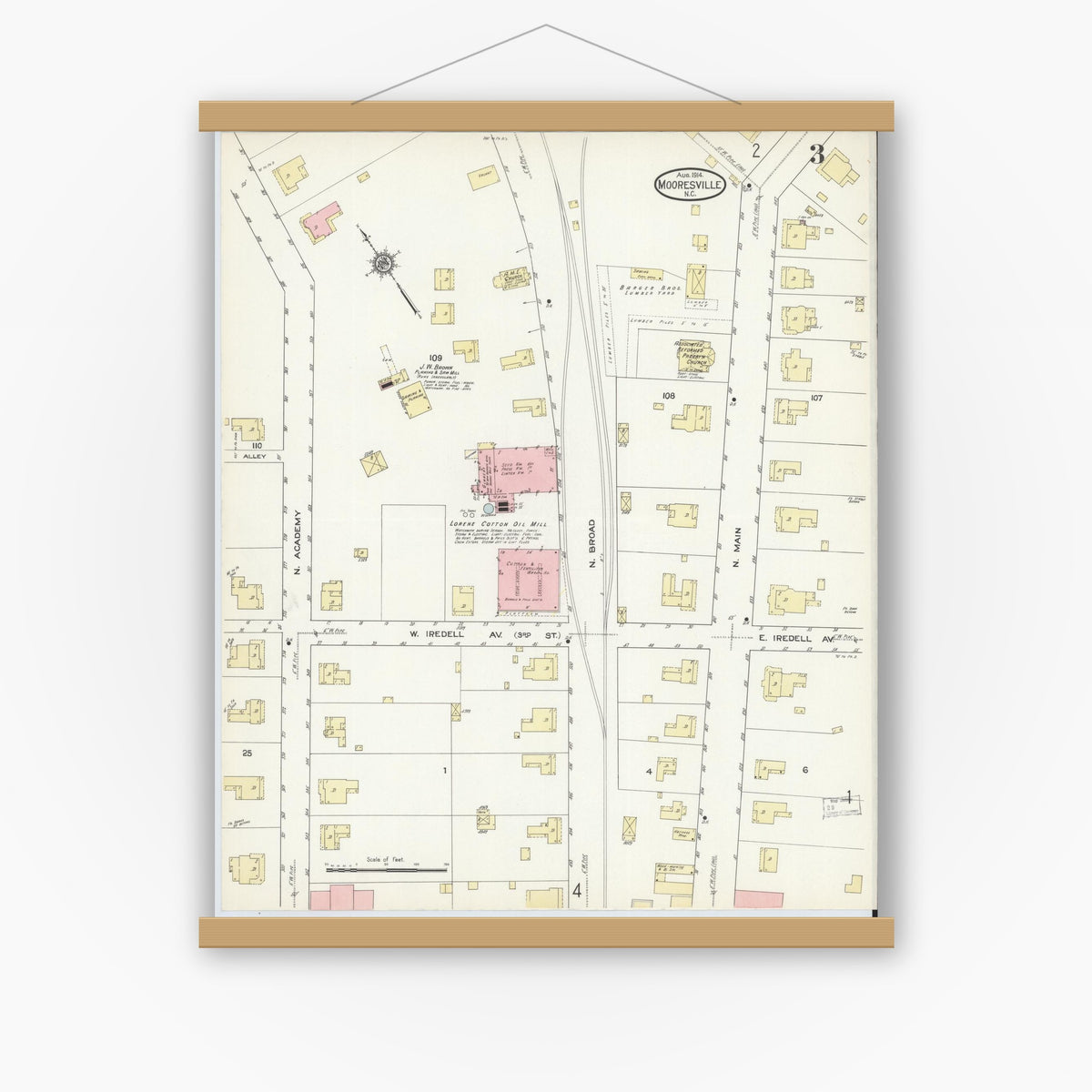 Old map wall art mockup — magnetic wood frame on white wall — Sanborn Fire Insurance Map from Mooresville, Iredell County, North Carolina (1914), Sheet #0003
